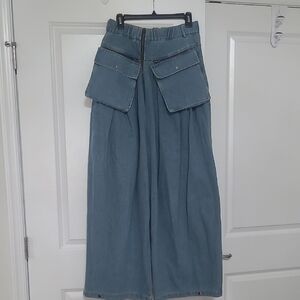 Wide Leg Denim Cargo Style Pants in Faded Blue